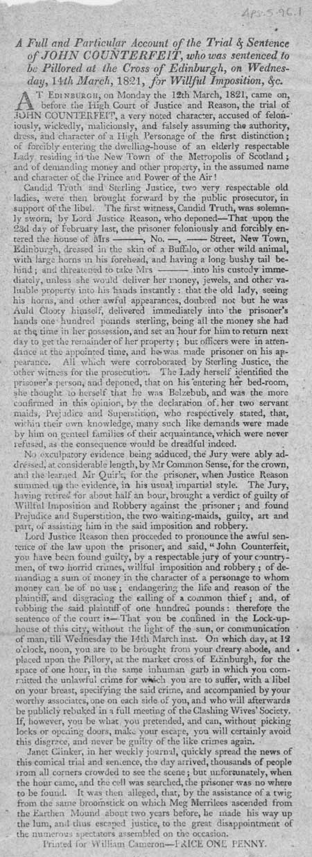 Broadside entitled 'Trial and Sentence of John Counterfeit'