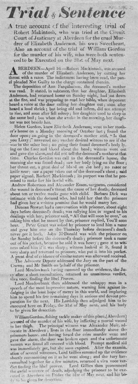 Broadside entitled 'Trial and Sentence of Robert Mackintosh'