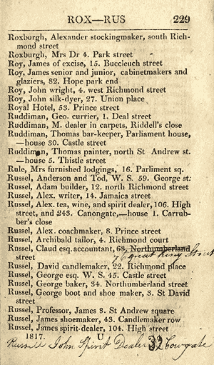 Printed page of names and addresses with handwritten corrections