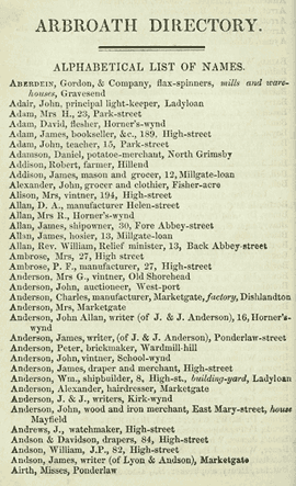 Printed page of Arbroath residents' names, occupations, addresses