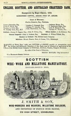 Adverts page with illustration of men cutting millstones