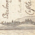 Part of a drawing of Edinburgh from across the water with hand-scripted notes