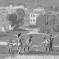 Part of illustration showing 4 people playing golf surrounded by housing and trees.