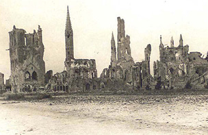 Ypres cloth hall and cathedral in ruins