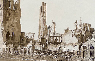 Ruins of Ypres Cloth Hall and cathedral 
