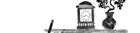 Illustration of clock on a mantelpiece next to a plant.