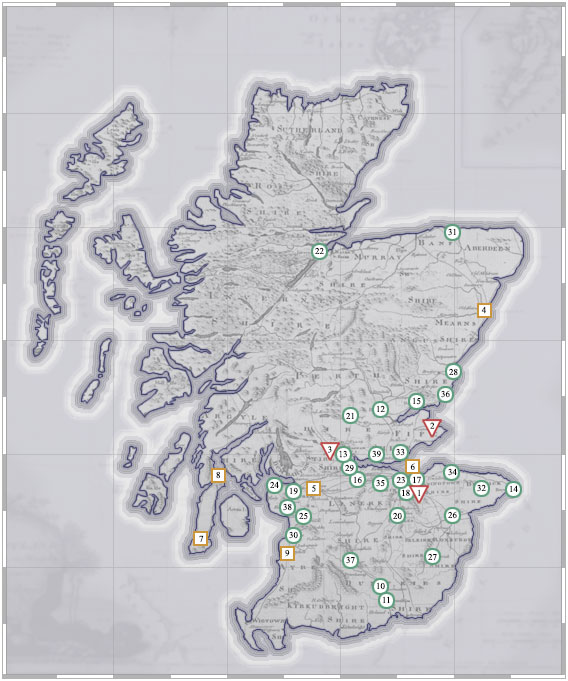 Map showing the first printing towns in Scotland