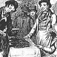 Etching of people at a gingerbread stall