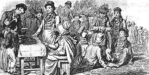 Etching showing people at a gingerbread stall