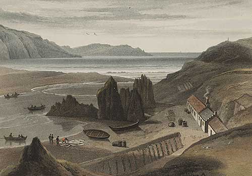 Watercolour showing fish being landed at a coastal village