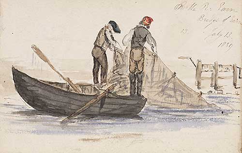 Colour sketch of two fishermen witt a net in a small boat