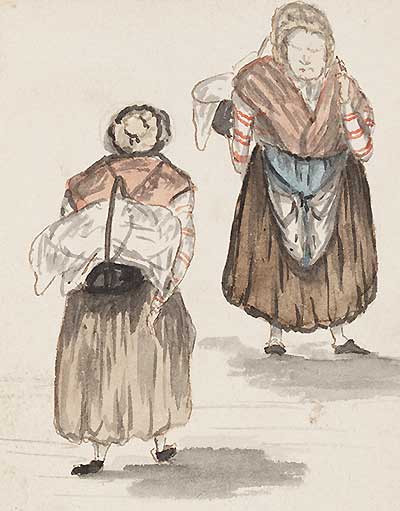 Colour sketch of two women carrying baskets on their backs