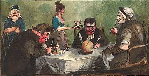 Watercolour showing men eating and haggis on table