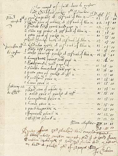 Handwritten list of fruit trees and costs