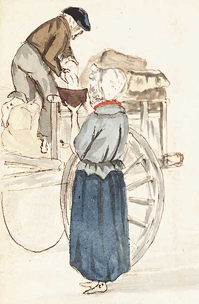 Colour sketch of man selling and woman buying salt from a cart