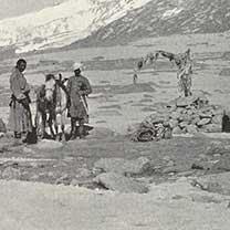 Men and mules on mountain, photograph