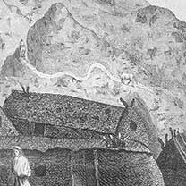A hut at the foot of a mountain, engraving