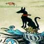 Motif of seated black dog