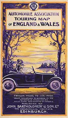 Coloured drawing of 1920s car and woman in countryside