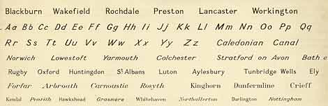 A page of hand-drawn place names and letters of the alphabet