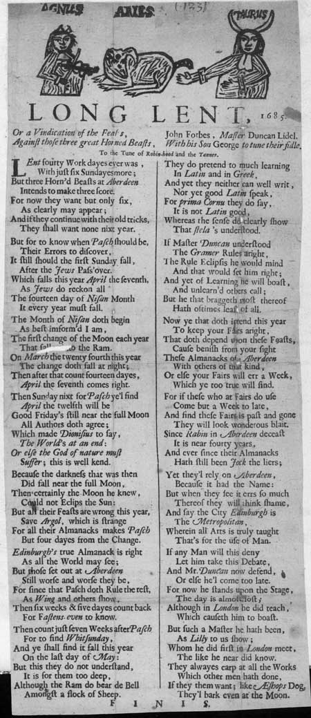 Broadside ballad entitled 'Long Lent, 1685; or, a Vindication of the Feasts, against those Three Great Horned Beasts'