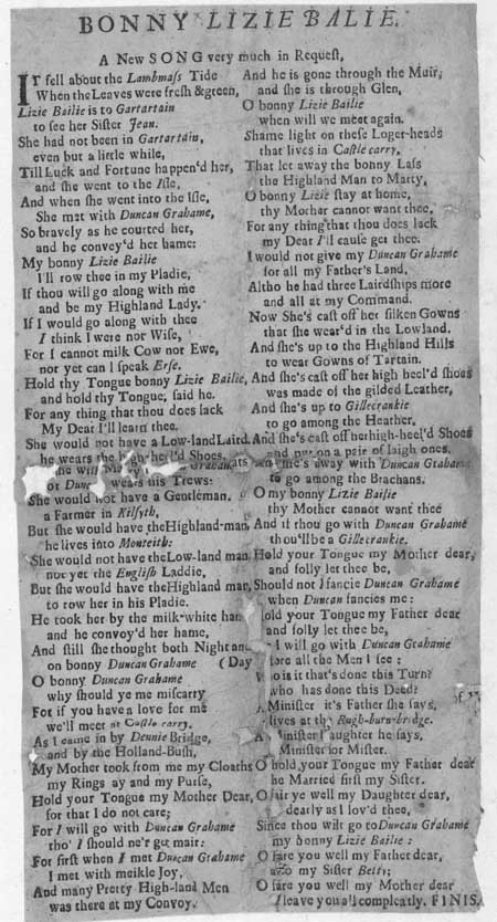 Broadside ballad entitled 'Bonnie Lizie Balie'