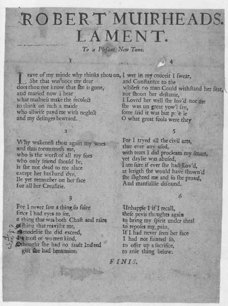 Broadside ballad entitled 'Robert Muirheads Lament'