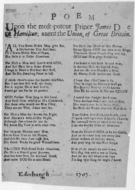 Broadside regarding Prince James, Duke of Hamilton