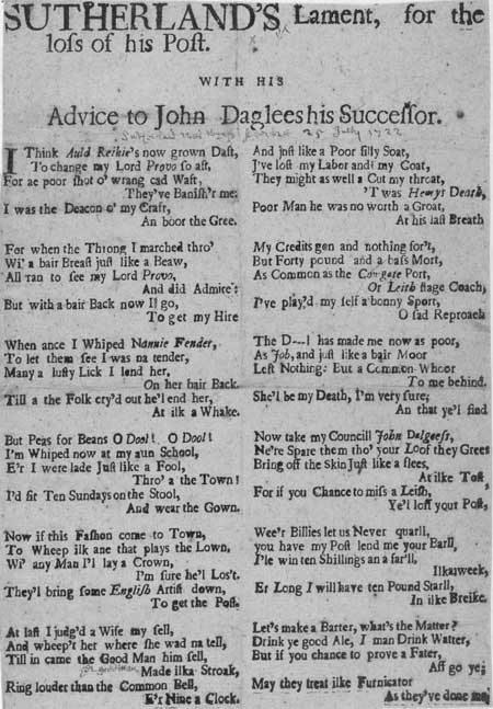 Broadside entitled 'Sutherland's Lament, for the loss of his Post, with his advice to John Dagless his Successor'