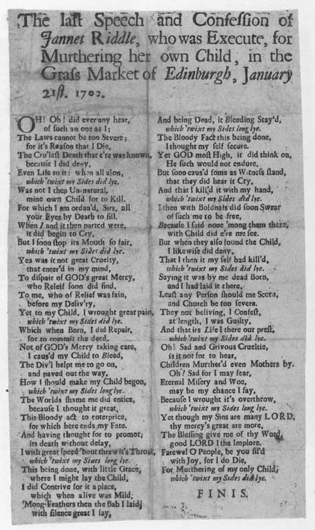 Broadside ballad concerning the execution of Jannet Riddle