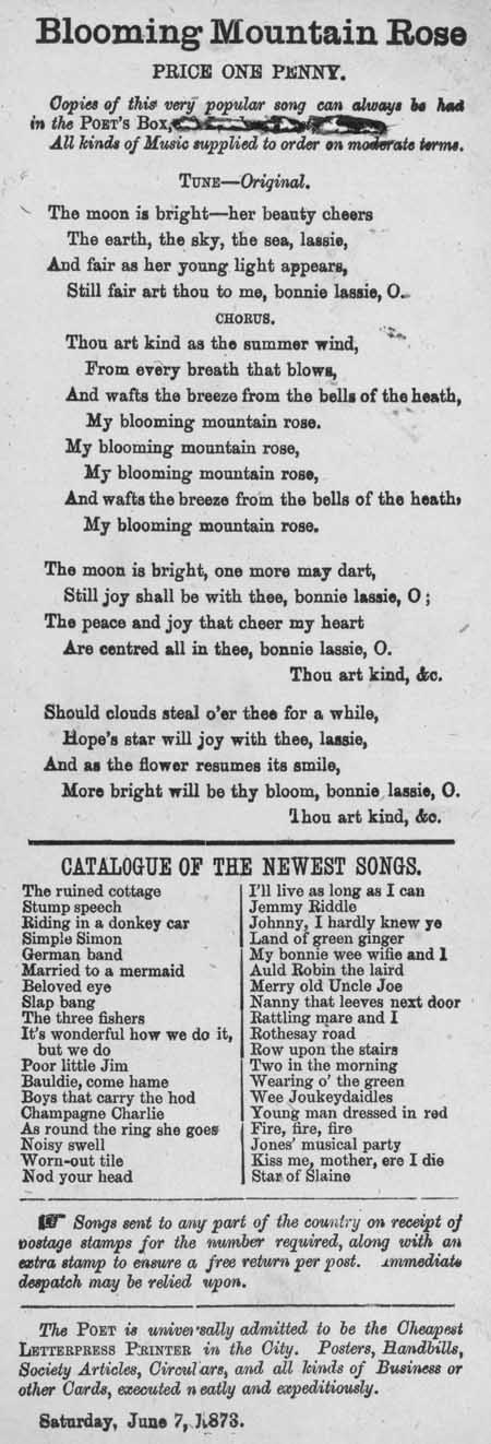 Broadside ballad entitled 'Blooming Mountain Rose'