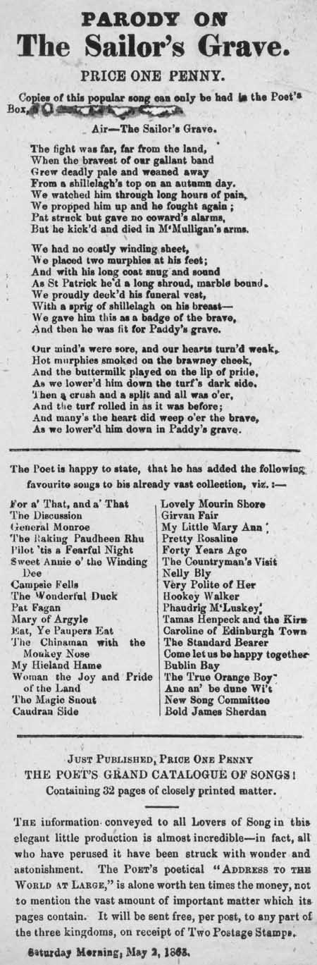 Broadside ballad entitled 'Parody on the Sailor's Grave'
