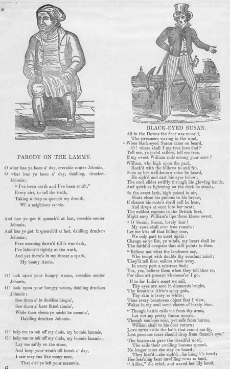 Broadside ballads entitled 'Parody on the Lammy' and 'Black-eyed Susan'