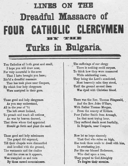 Broadside entitled 'Lines on the Dreadful Murder of Four Catholic Clergymen by the Turks in Bulgaria'