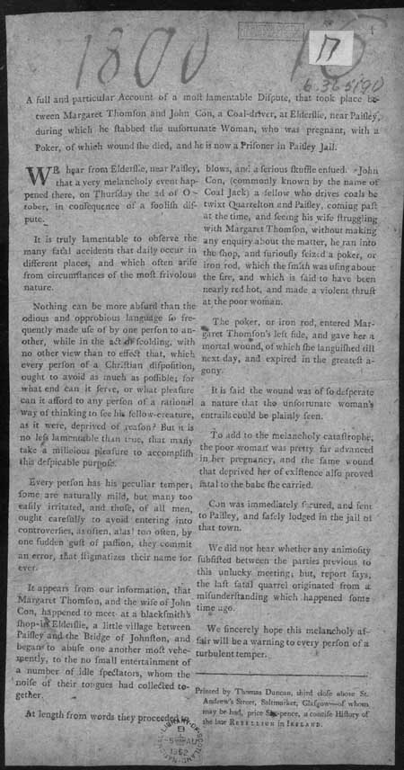 Broadside regarding the death of Margaret Thompson