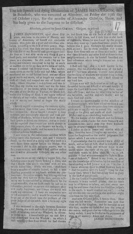 Broadside regarding the execution of James Henderson