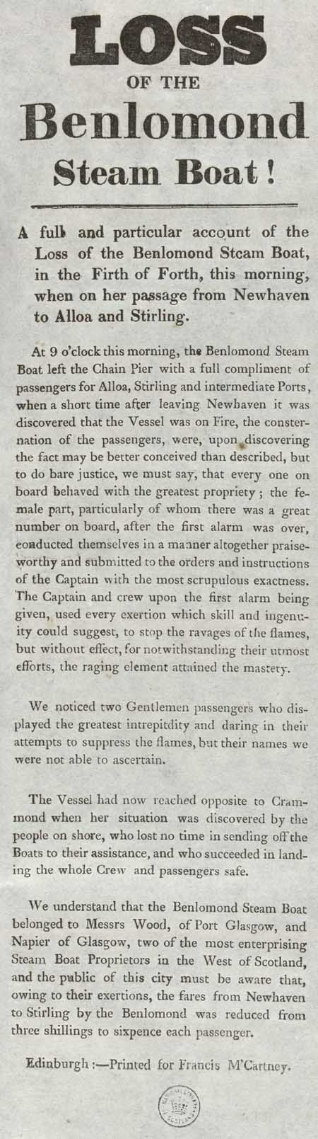 Broadside entitled 'Loss of the Benlomond steam boat!'