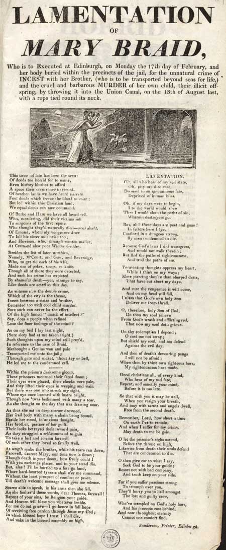 Broadside entitled 'Lamentation of Mary Braid'