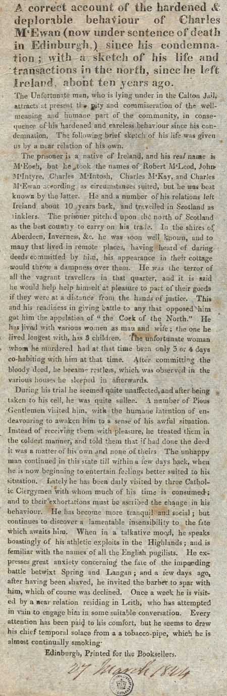 Broadside concerning the life of Charles McEwan, convicted of murder