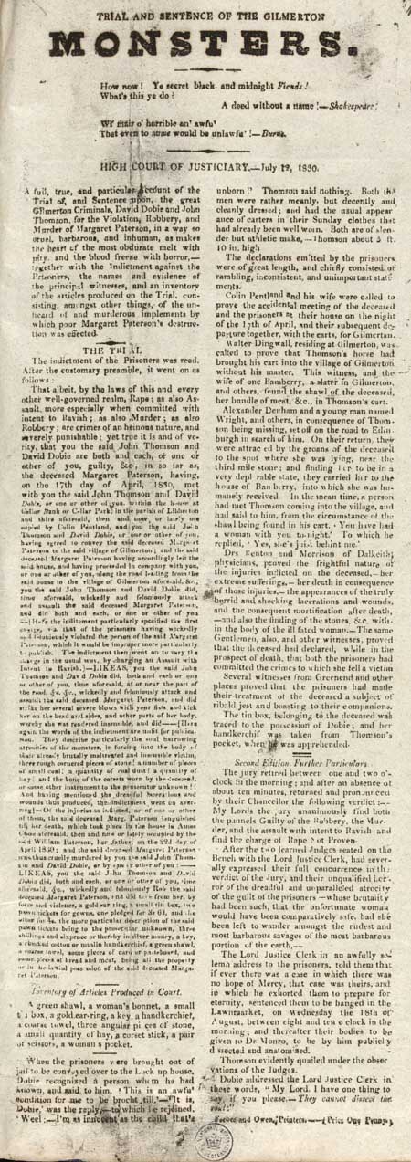 Broadside entitled 'Trial And Sentence Of The Gilmerton Monsters'