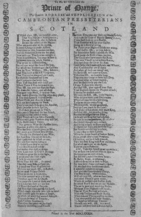 Broadside entitled 'To His Highness the Prince of Orange'