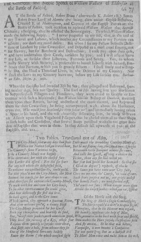 Broadside entitled 'The Generous and Noble Speech of William Wallace of Elderslie at the Battle of Falkirk'