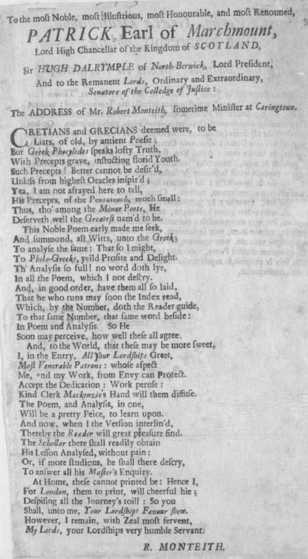 Broadside eulogy dedicated to Patrick, Earl of Marchmount, Sir Hugh Dalrymple, and others