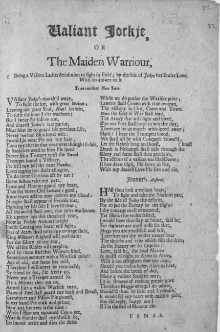 Broadside ballad entitled 'Valiant Jockie, or The Maiden Warriour'