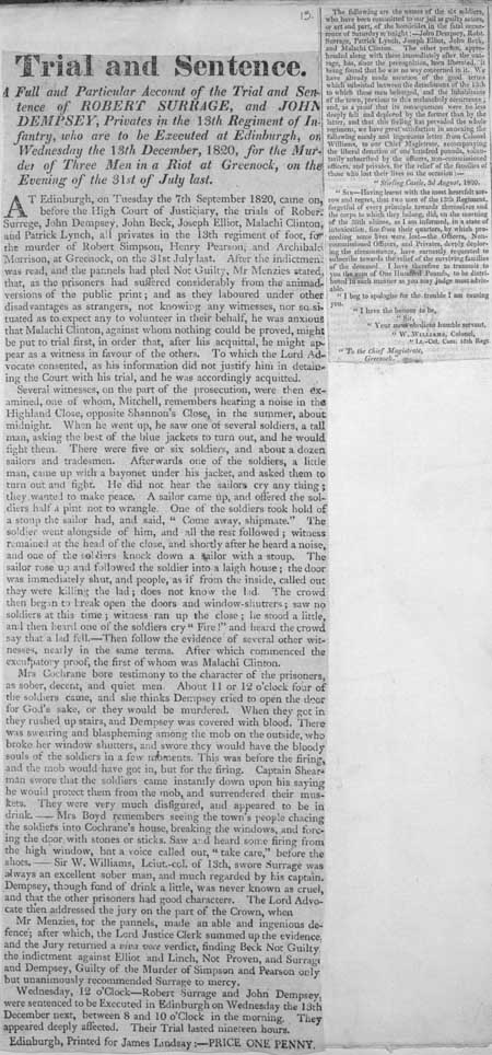 Broadside concerning the Trial and Sentence of Robert Surrage and John Dempsey