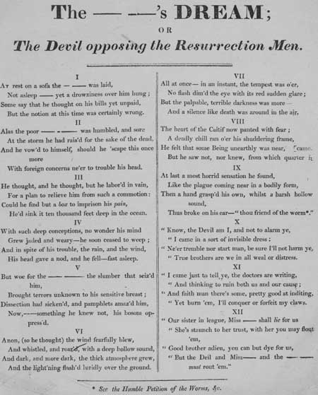 Broadside entitled 'The --- ---'s DREAM; OR THE Devil opposing the Resurrection Men'