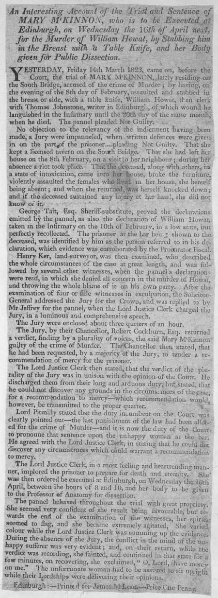 Broadside entitled 'Trial and Sentence of Mary McKinnon'