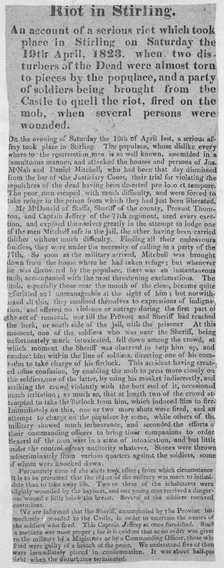 Broadside entitled 'Riot in Stirling', 1823
