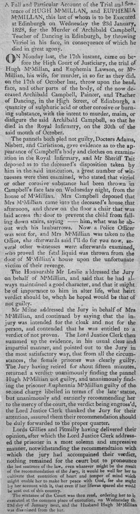 Broadside detailing the trial and sentence of Hugh and Euphemia McMillan