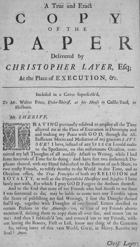 Broadside concerning the execution of Christopher Layer